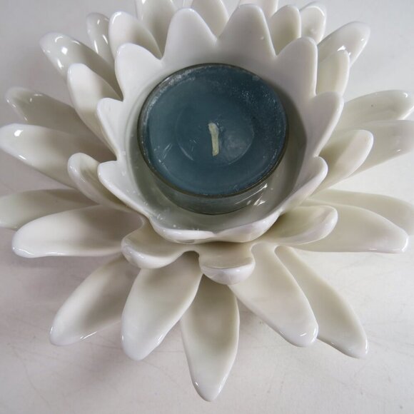 Lotus Flower Ceramic Candle Votive Holder with Candle NEW CONDITION 5" wide #2 - Picture 5 of 9